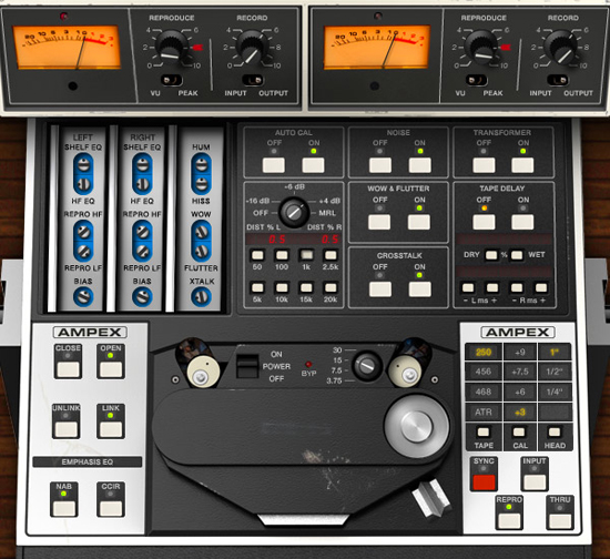 Features include adjustable Wow, Flutter, Hiss, Hum, Crosstalk, and (L/R) Tape Delay. Click to enlarge.