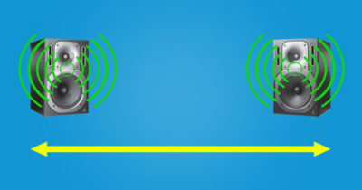 A picture of two speakers spread apart.