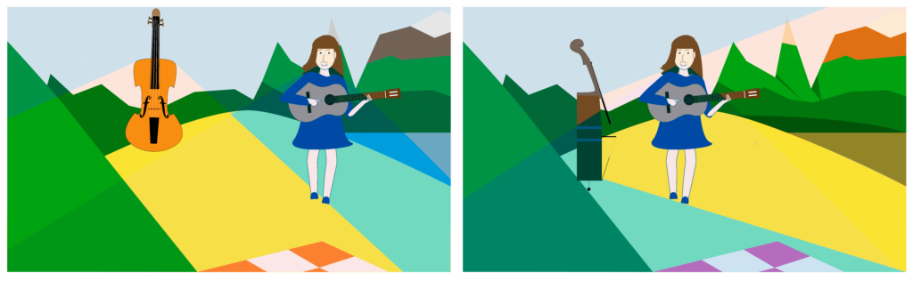 Illustration. Woman with an acoustic guitar and cello.
