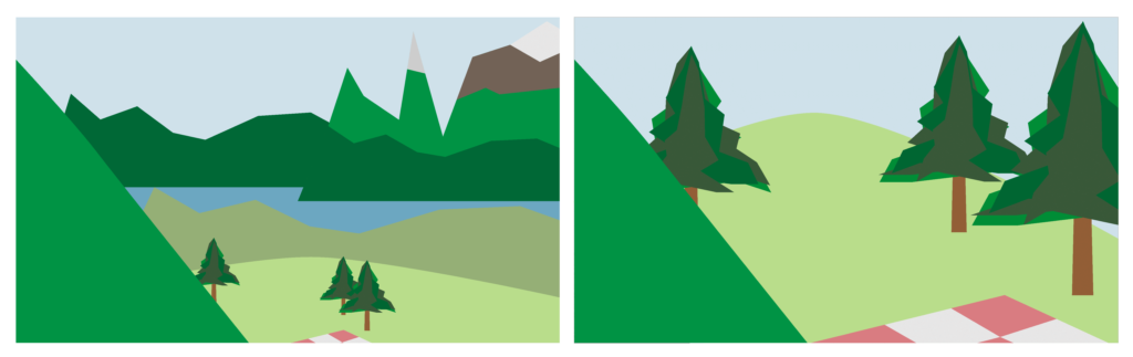Illustration. Trees and mountain terrain.