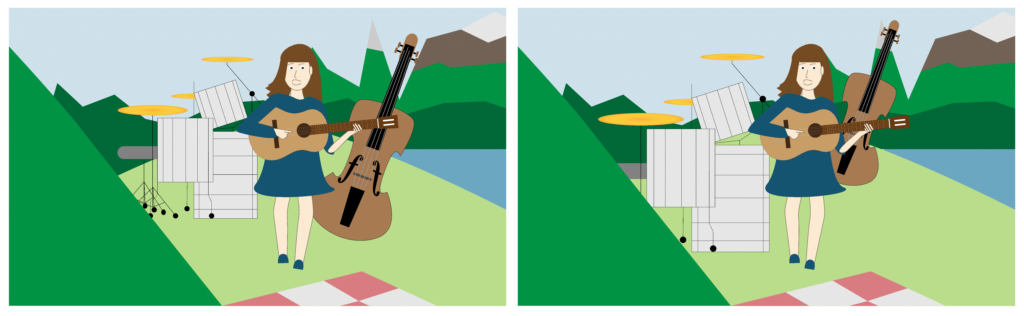 Illustration. Woman with drum kit, acoustic guitar, and upright bass.