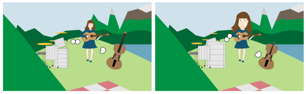 Illustration. Woman with an acoustic guitar, drum kit, and cello.