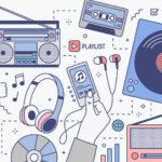 Horizontal banner with hands and various devices for music playing and listening - mobile application on smartphone, player, boombox, radio, microphone, earphones. Modern vector illustration.