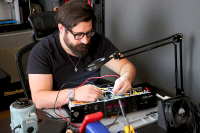 Seth Berman of Black Lion Audio at work on a prototype model of the Black Lion PG-2R voltage regulator and power conditioner. 