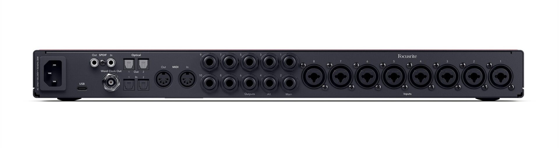 The rear panel of the Focusrite Scarlett 18i20. <br /><br />Buy it new on <strong><a class="sweetwater-product" href="https://sweetwater.sjv.io/c/3177824/794166/11319?u=https://www.sweetwater.com/store/search.php?s="Focusrite" target="_blank" rel="noopener">Sweetwater</a></strong>, <strong><a class="B-and-H-product" href="https://www.bhphotovideo.com/c/search?N=0&InitialSearch=yes&Ntt="Focusrite&BI=20084&KBID=13882&SID=DFF" target="_blank" rel="noopener">B&H</a></strong>, <strong><a class="thomann-product" href="https://www.thomann.de/intl/search_dir.html?offid=1&affid=1287&sw="Focusrite" target="_blank" rel="noopener">Thomann</a></strong>, or <strong><a class="amazon" href="https://www.amazon.com/gp/search?ie=UTF8&tag=sonicscoop08-20&linkCode=index=mi&keywords="Focusrite" target="_blank" rel="noopener">Amazon</a></strong>. Look for deals on <strong><a class="reverb" href="https://reverb.grsm.io/sonicscoop?query="Focusrite" target="_blank" rel="noopener">Reverb</a></strong>.