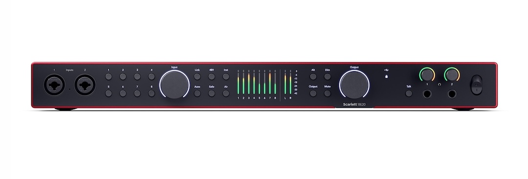 The front panel of the Focusrite Scarlett 18i20. <br /><br />Buy it new on <strong><a class="sweetwater-product" href="https://sweetwater.sjv.io/c/3177824/794166/11319?u=https://www.sweetwater.com/store/search.php?s="Focusrite" target="_blank" rel="noopener">Sweetwater</a></strong>, <strong><a class="B-and-H-product" href="https://www.bhphotovideo.com/c/search?N=0&InitialSearch=yes&Ntt="Focusrite&BI=20084&KBID=13882&SID=DFF" target="_blank" rel="noopener">B&H</a></strong>, <strong><a class="thomann-product" href="https://www.thomann.de/intl/search_dir.html?offid=1&affid=1287&sw="Focusrite" target="_blank" rel="noopener">Thomann</a></strong>, or <strong><a class="amazon" href="https://www.amazon.com/gp/search?ie=UTF8&tag=sonicscoop08-20&linkCode=index=mi&keywords="Focusrite" target="_blank" rel="noopener">Amazon</a></strong>. Look for deals on <strong><a class="reverb" href="https://reverb.grsm.io/sonicscoop?query="Focusrite" target="_blank" rel="noopener">Reverb</a></strong>.